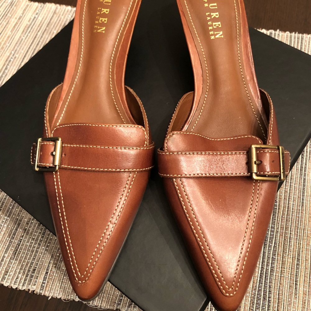 Lauren by Ralph Lauren brown leather mules.